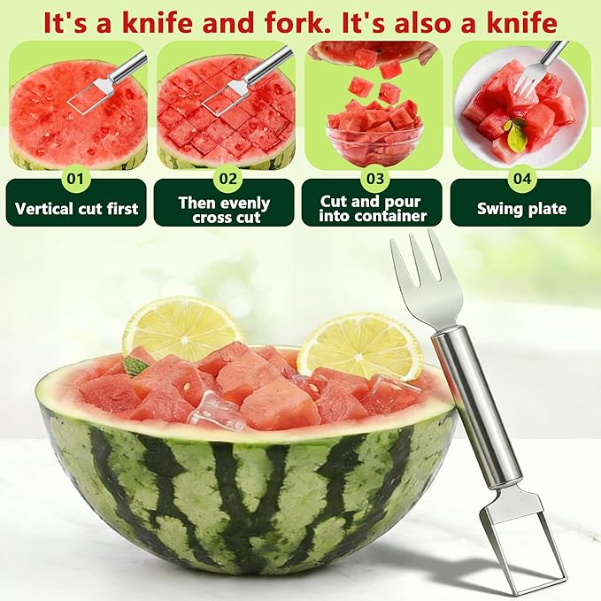 Watermelon Cutter, 2-in-1 Stainless Steel Fruit Cutter, Dual Head Watermelon Fork Slicer Tool, Summer Fruit Cutting Kitchen Gadget for Home (Round-2PCS)