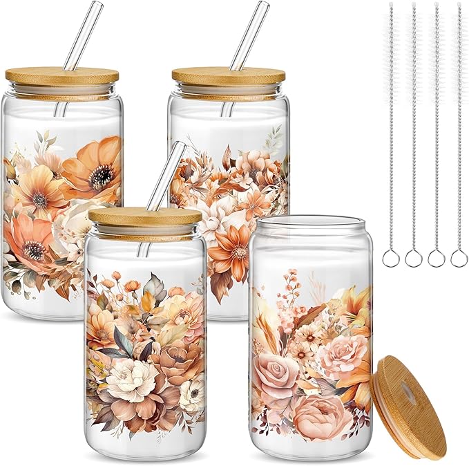 Mumufy 4 Pack Gift for Women Cute Glass Cup Tumbler Flower Iced Coffee Mugs 16 oz Glass with Bamboo Lid & Straw, Mothers Day Birthday Gift for Mom Sister Bridesmaid Baby Shower(Brown Flower)