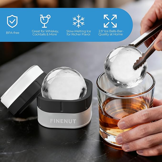 Easy Release Ice Ball Maker Mold, 2 Pack, 2.5 Inch Large Round Ice Cube Mold for Whiskey & Cocktails, Stackable Lid, Leak-Resistant Silicone