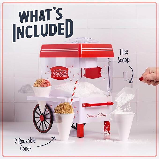 Nostalgia Coca-Cola Snow Cone Machine – Retro Table-Top Snow Cone Maker with Stainless Steel Blades – Slushie Machine Includes 2 Reusable Plastic Cups & Ice Scoop, Makes 20 Icy Treats - White & Red