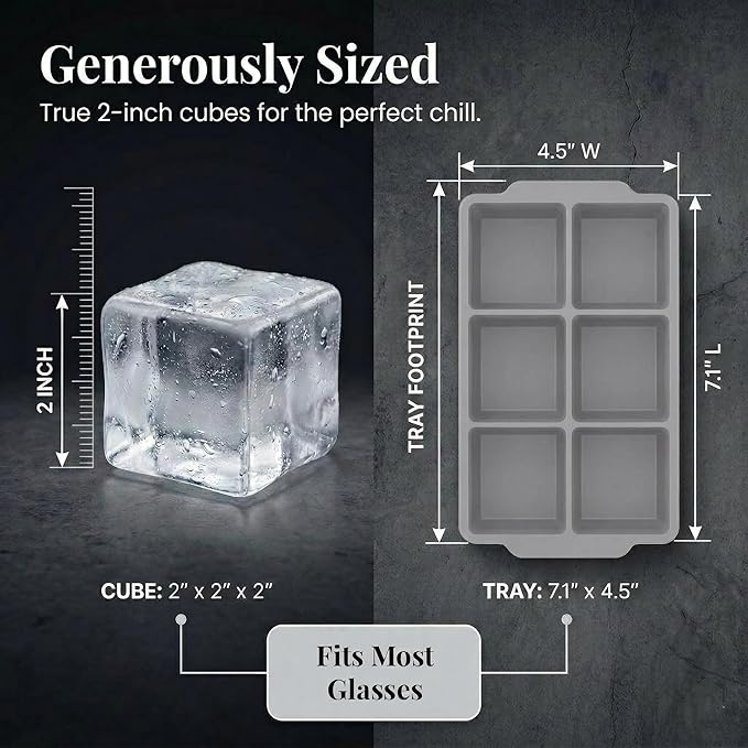 KitchFort Large Silicone Ice Cube Tray (2-Pack), Easy Release 2" Big Ice Cubes - Cocktail, Whiskey Ice Cubes Mold - Ice Trays for Freezer with Lid - Stackable Silicone Ice Tray - Gray