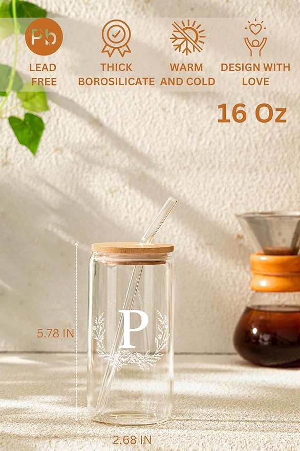 Personalized Gifts for Women, Monogrammed 16oz Glass Cups with Bamboo Lids and Straws, Customized Glass Tumbler, Cute Custom Mug, Customizable Initial Iced Coffee Glasses, Birthday Bridesmaid Mom, P