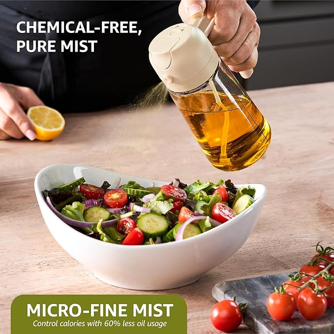 FineDine 16oz Olive Oil Sprayer for Cooking, 2 in 1 Olive Oil Dispenser Bottle for Kitchen, Air Fryer, Salad, BBQ & Baking – Dual Spray Mist & Stream, with Measurement Marks, White