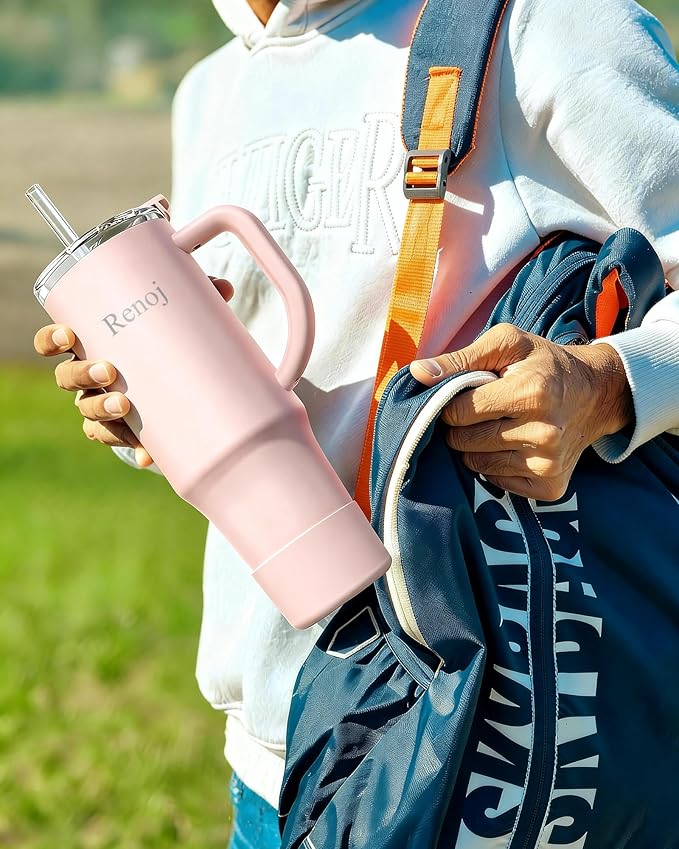 Renoj Insulated Mug 100% Leak Proof Insulated Water Bottle for Iced Coffee & Hot Drinks - Fits Car Cup Holder, Ideal Gift, 2 Straws & Silicone Boot - SnapShift Light Pink 40 oz