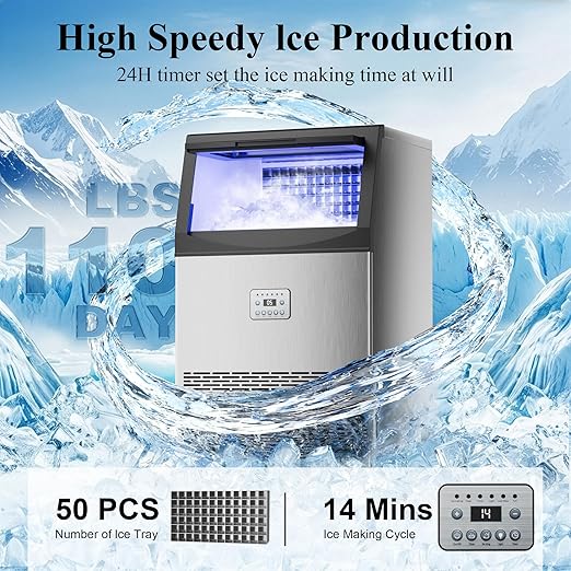 Mountman Commercial Ice Maker,110 lbs/24H,Stainless Steel Ice Machine with 33 lbs Storage Capacity,50 Cubes in 14 Mins,Water Filter,Under Counter/Freestanding Ice Makers for Home,Restaurant,Bar,Cafe