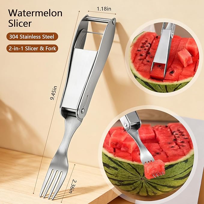 Watermelon Cutter, 2-in-1 Stainless Steel Fruit Cutter, Dual Head Watermelon Fork Slicer Tool, Summer Fruit Cutting Kitchen Gadget for Home (Fold-1PCS)