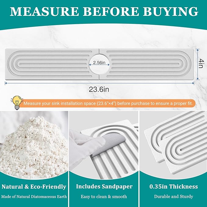 Stone Faucet Mat for Kitchen Sink - Quick Dry Diatomite Sink Splash Guard, Prevents Moisture Buildup & Water Stains, Water Absorbing Stone Tray for Bathroom Countertop (White, 23.6" x 4")