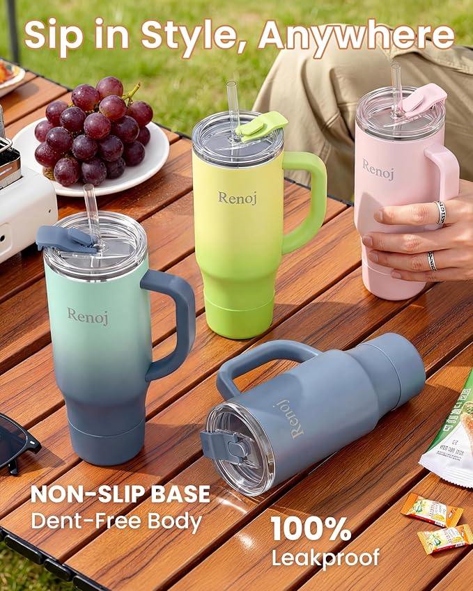 Renoj Insulated Mug 100% Leak Proof Insulated Water Bottle for Iced Coffee & Hot Drinks - Fits Car Cup Holder, Ideal Gift, 2 Straws & Silicone Boot - SnapShift Pink 40 oz