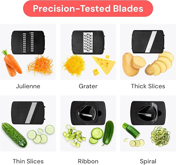 Fullstar Mandoline Slicer for Kitchen, Fruit Cutter, Cheese Grater, Cucumber Slicer, Veggie Spiralizer, Food Cutter & Kitchen Gadgets & Gifts with Safety Glove (6 in 1, Black)