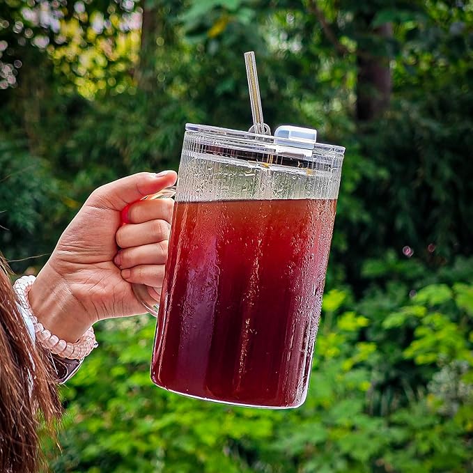 20oz Glass Tumblers with Lids and Straws - Stylish Vintage Ribbed Design for Iced Coffee, Juice, Smoothies, Milkshakes, Cold Beverages & Whiskey Cocktail Beer (Thin Inner Ridge)