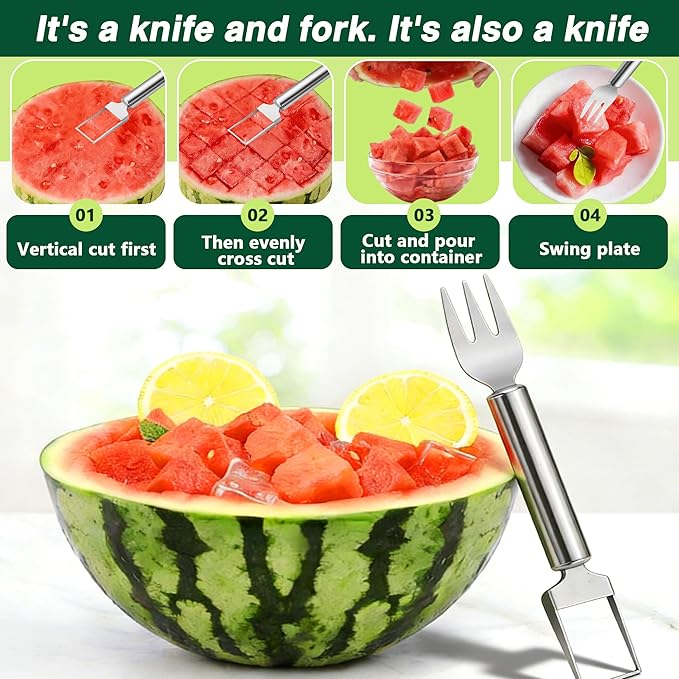 2-in-1 Watermelon Fork Slicer Cutter Set，Watermelon Cutter, Stainless Steel watermelon cutting tool,Summer Fruit Cutting Kitchen Gadget for Home (NEW-2PCS)