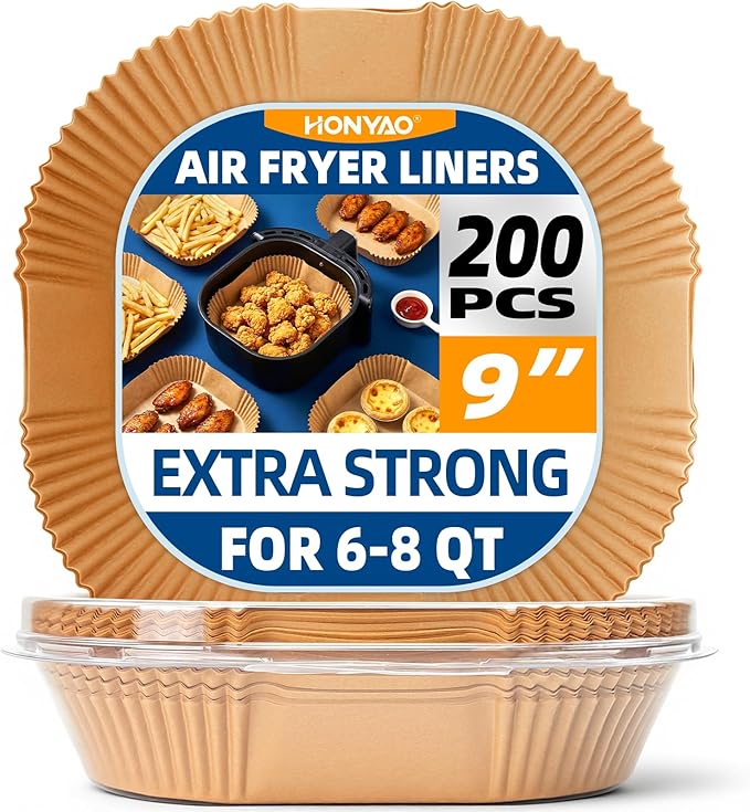 HONYAO Air Fryer Paper Liners 9 inch for 6-8 Qt Airfryer, 200pcs XL Square Disposable Insert