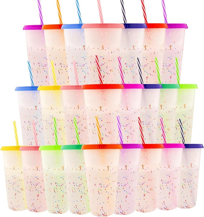 Color Changing Cups, 24 Pack 24oz Plastic Tumblers, Reusable Iced Coffee & Smoothie Cups with Lids and Straws for Parties and Travel(24, Rainbow)