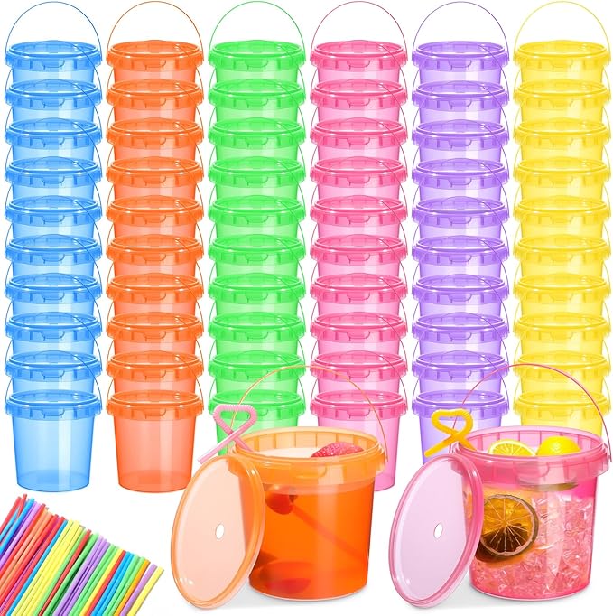 Funnymoom 60 Pack 25 oz Plastic Rum Buckets Bulks for Drinks with Straws Reusable Ice Cream Cocktail Cups Neon Party Bucket with Lids Handles Food Containers Cup for Summer Beach Bar Beer