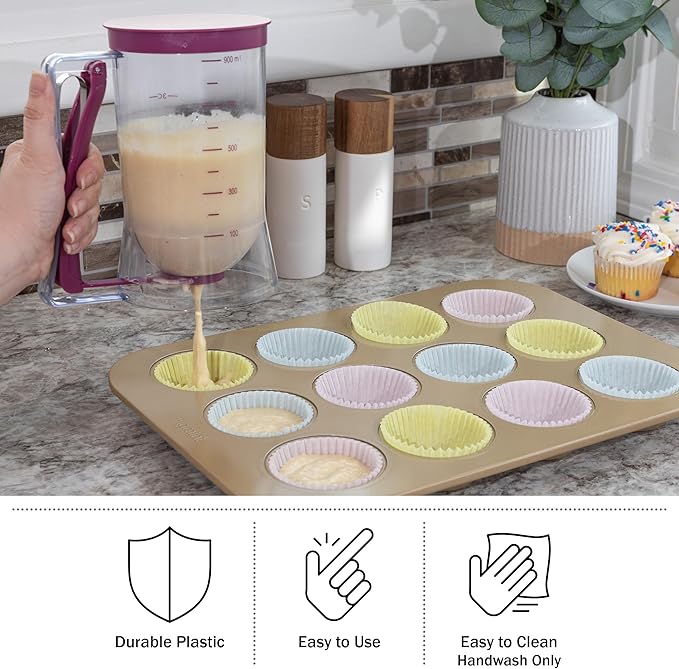 Pancake Batter Dispenser - 4-Cup Batter Dispenser with Squeeze Handle for Pancakes, Waffles, Muffins, and Crepes - Baking Tools (Purple)
