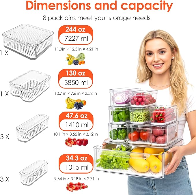 SMRCAD Fridge Organizers and Storage, 8 Pack Clear Freezer Organizer Bins with Lids for Kitchen, Pantry, Refrigerator, Food, Fruit, Vegetable Storage (8 Bins (Include Pull-out Drawer))