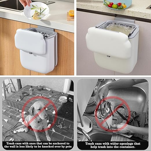 Soddeph 3.2 Gallon Collapsible Trash Bin with Lid for Hanging, Kitchen Waste Bin, Wall-Mounted Plastic Garbage Can for Counter, Under Sink, RV (Beige with lid)