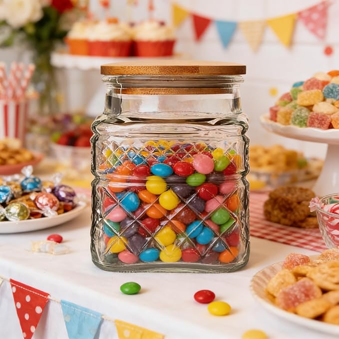 Glass Storage Canister with Airtight Lids, 20.3 FL OZ Thick Glass Candy Jar for Coffee Bean, Cocoa powder,Dog treats, Snacks Vintage Decorative Square Glass Jars for Coffee Bar Kitchen Party Counter