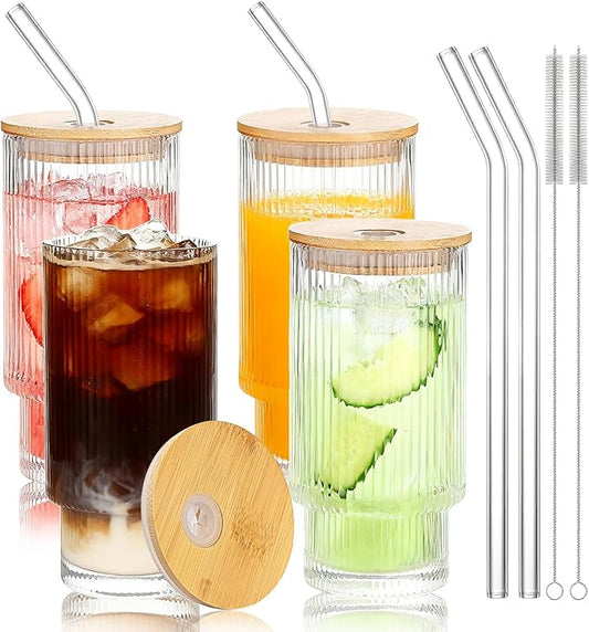 16oz Glass Cups with Lids & Straws, Glass Tumbler with Straw and Lid, Trendy Ribbed Design & Stackable for Iced Coffee/Cold Brew, Perfect for Home/Office by Coffee Lovers & Commuters (16OZ-4PACK)
