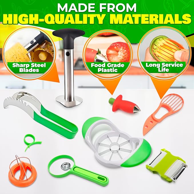 9 Pcs Pineapple Corer and Slicer Set – Sturdy, Sharp & Easy to Clean Pineapple Slicer Tool with Fruit Corer, Slicers and Peelers – Works for Apples, Melons, Avocados, Citrus, Berries, Bananas & More