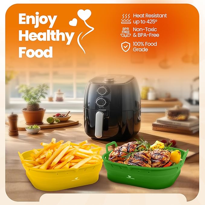 Platinum Silicone Air Fryer Liners Reusable Square-Extra Strong-Easy to Clean Air Fryer basket for Oven Microwave Accessories - BPA Free - Food Safe Pot for 5.8QT to 8 QT - 9 Inch