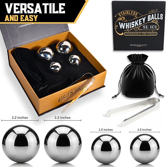 Gifts for Men, Dad, Husband - 4 Stainless Steel Whisky Ice Balls(2XL,2L), Tongs & Freezer Pouch in Luxury Gift Box for Bourbon|Scotch|Whiskey Lovers! (Not-Solid)