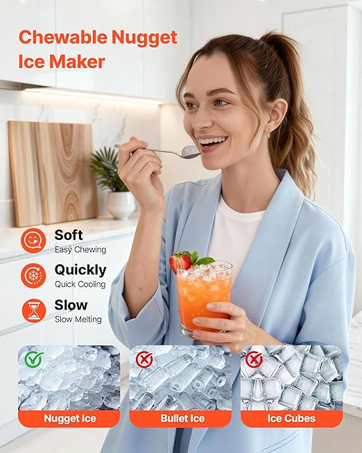 VEVOR Countertop Ice Maker, 44 lbs per Day, Self-Cleaning Portable Machine with Scoop, Drawer-Style Ice Access, Nugget Ice-Making Machine with Chewable ICES for Home, Kitchen, Office, Bar & Party