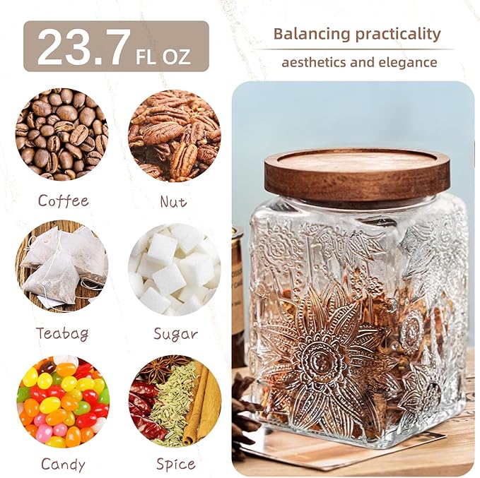 Custde Glass Storage Jars With Airtight Lid, 23.7oz Container For Kitchen Counter with Wood Lid, brown sugar, candy, coffee, cookie, salt, tea, cute Jar (Square Sunflower)