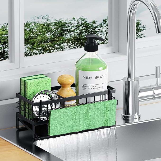 Self-Draining Kitchen Sink Caddy, Rustproof Non-Slip Metal Sponge Holder with Detachable Dish Cloth Holder (Black)