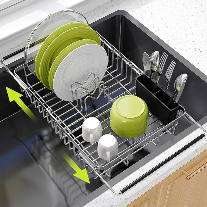 Expandable Stainless Steel Dish Drying Rack Over The Sink For Small Kitchen, Counter Space Saving Compact Metal Plate Drainer Strainer, Adjustable Hanging Inside Sink Rust Proof Wire Dryer Holder