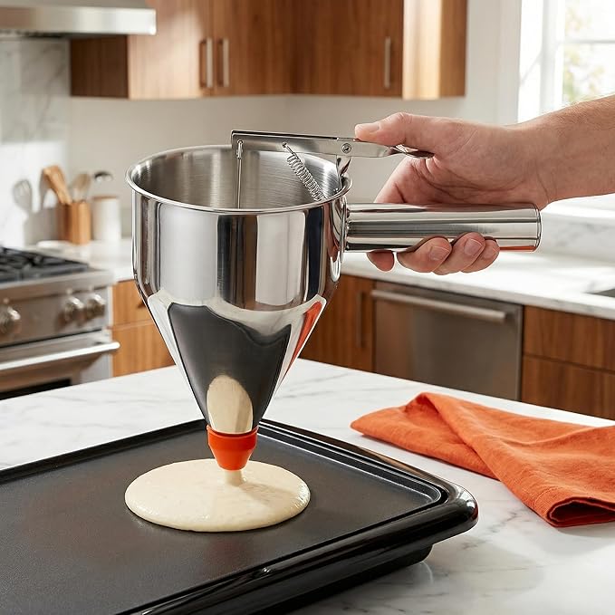 WRINGKIT 40 Oz Pancake Batter Dispenser, Stainless Steel 4 Caliber Funnel Cake Dispenser with Stand, Pancake Mix Dispenser with Handle, Funnel Cake Maker for Cupcakes, Muffins, Waffle and Baked Goods