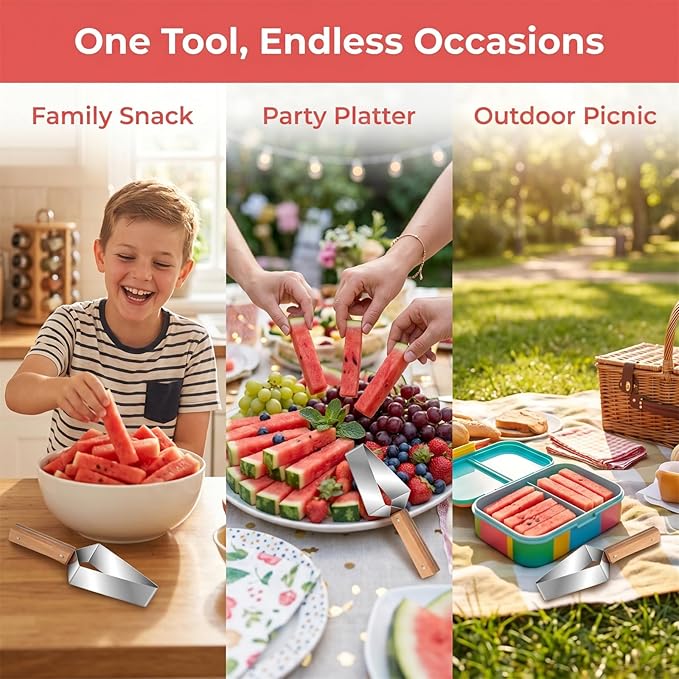 Premium Watermelon Cutter, Stainless Steel Watermelon Cutter Slicer Tool with Wooden Handle, Comfortable Non-slip Handle Multi-Functional Fruit Tool for Watermelon, Cantaloupe & Honeydew (1pcs)