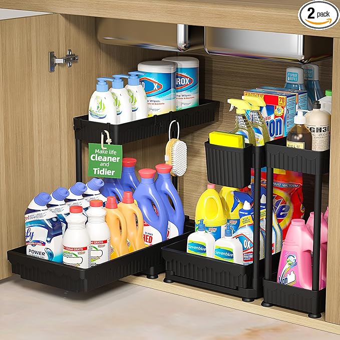 Sevenblue 3 Pack Multi-Purpose Pull-Out Storage Organizers, 2-Tier L-Shaped Under Sink/Cabinet Organizers and Storage for Bathroom & Kitchen, Black, 12.8 Inches