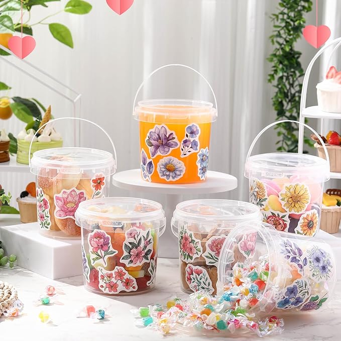 PerKoop 20 Pcs 32 oz Ice Cream Buckets with Lids and Handles Clear Cocktail Rum Buckets with Stickers Plastic Transparent Tub Reusable Food Storage Containers for Parties (Watercolor Flower)