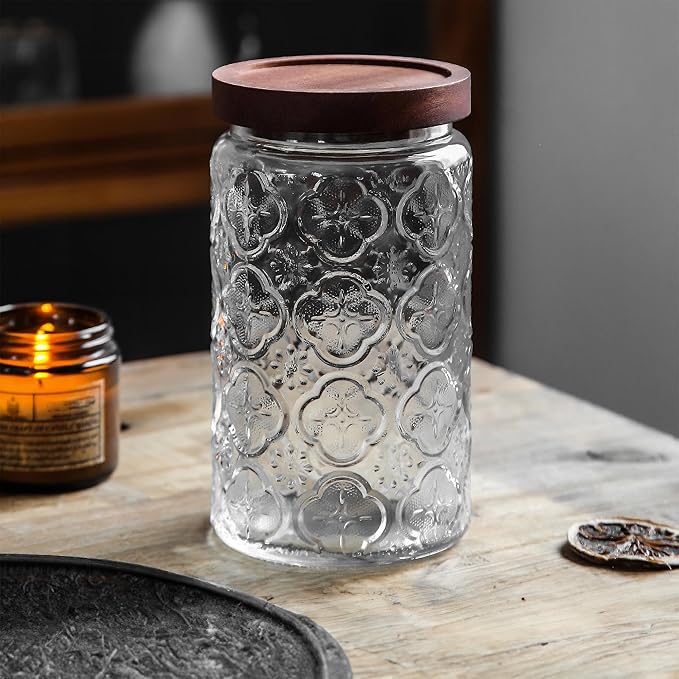 Custde Glass Storage Jars With Airtight Lid, 23.7oz Container For Kitchen Counter with Wooden Lid, brown sugar, candy, coffee, cookie, salt, tea, cute Jar (35oz Large Begonia Flowers)