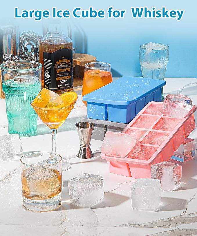 2-Pack Large Ice Cube Trays, Lxndaser 2 Inch Silicone Ice Cube Molds With Lid For Whisky, Leakproof Stackable Design Big Square Silicone Ice molds for Iced Coffee, Bourbon, Scotch,soup