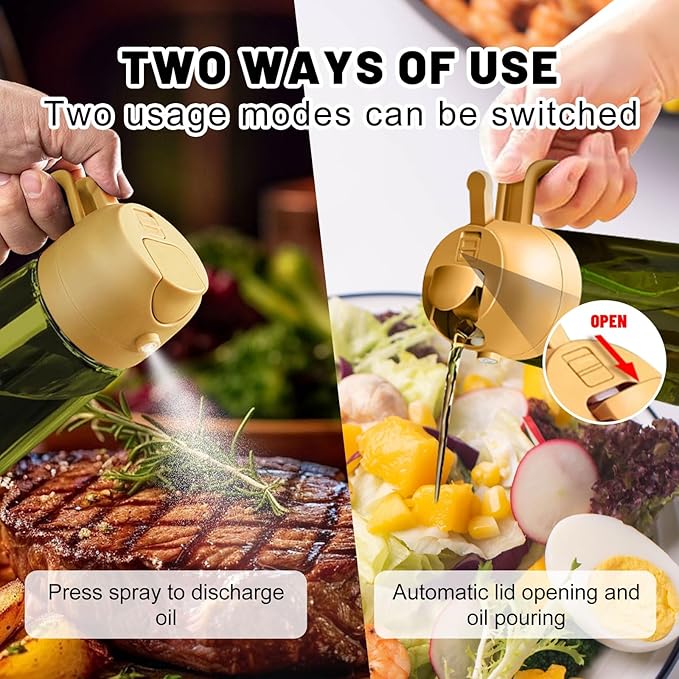 2 In 1 Oil Dispenser And Oil Sprayer, 16 Oz/470 Ml Oil Dispenser For Kitchen Spray, With Fine Mist Nozzle, Suitable For Cooking, Air Fryer, Salad, Grilling (yellow-1)