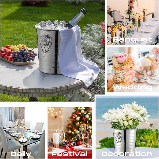 Pinkunn 6 Pack Stainless Steel Champagne Bucket 3 Qt Metal Ice Bucket Double Wall Wine Buckets with Handles Party Beverage Chiller for Champagne Beer Cocktail Wine Drinks Home Bar Accessories (Silver)