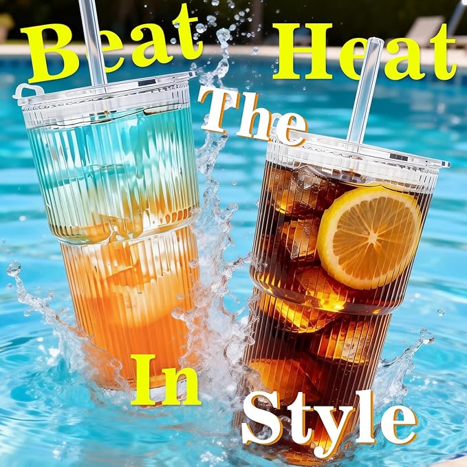 20oz Glass Tumblers with Lids and Straws, Reusable Iced Coffee Cups, Vintage Drinking Glasses, Ribbed Glassware for Whiskey Cocktail Beer, Juice, Style Glasses for Party, Gifts