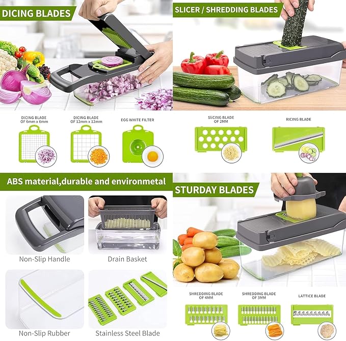 15 in 1 Vegetable Chopper and Food Chopper with Container, Onion Vegetable Slicer Cutter Dicer, Veggie Cutter with 7 Blades for Carrot Salad Garlic Potato (Old Design)