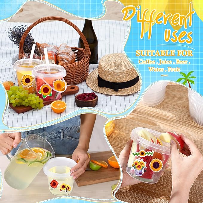 Funnymoom 30 Sets Clear Plastic Cups 24 oz Ice Cream Buckets with Lids & Straws Disposable Drink Cups Cocktail Pails Bulk with Handles and Stickers for Outdoor Beach Birthday Pool Party(Sunflower)