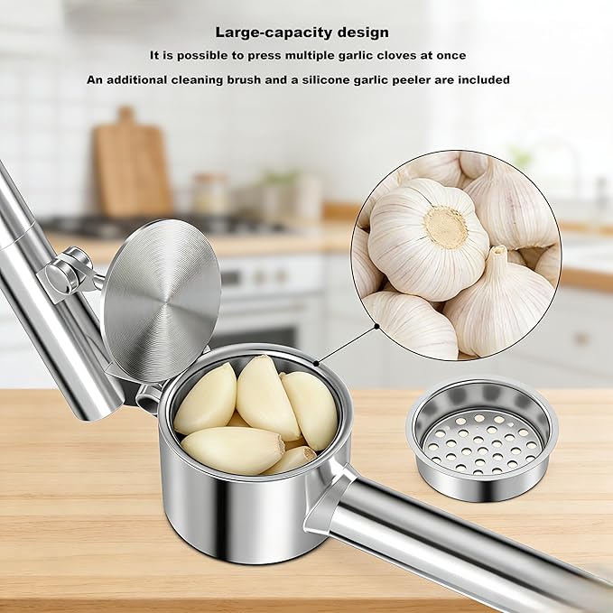 Stainless Steel Garlic Press and Mincer Set, Heavy Duty Garlic Crusher with Ergonomic Handle Rustproof Easy Squeeze Garlic Press Stainless Steel Professional Garlic Mincer Tool for Kitchen Use