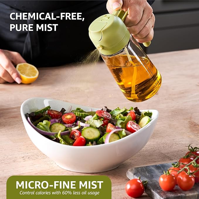 FineDine 16oz Olive Oil Sprayer for Cooking, 2 in 1 Olive Oil Dispenser Bottle for Kitchen, Air Fryer, Salad, BBQ & Baking – Dual Spray Mist & Stream, with Measurement Marks, Green