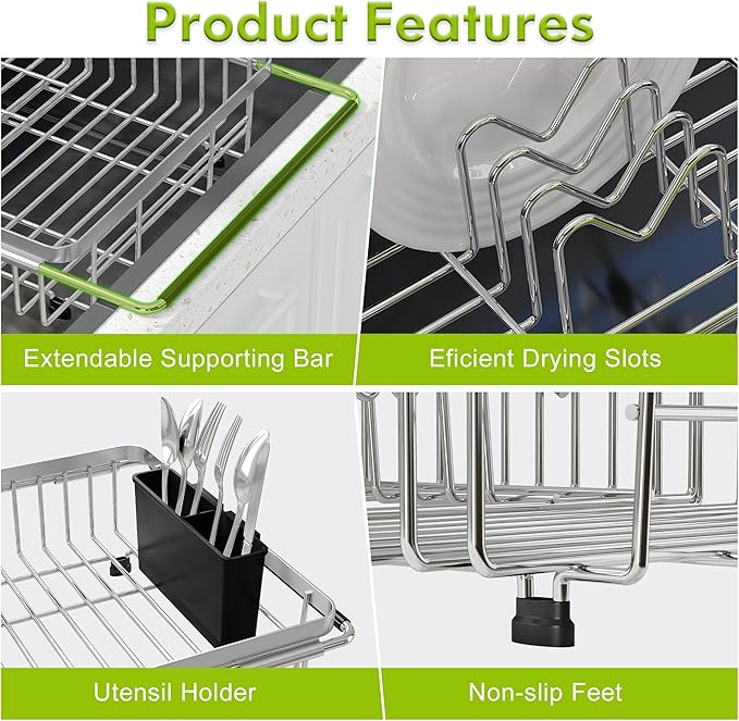 Expandable Stainless Steel Dish Drying Rack Over The Sink For Small Kitchen, Counter Space Saving Compact Metal Plate Drainer Strainer, Adjustable Hanging Inside Sink Rust Proof Wire Dryer Holder