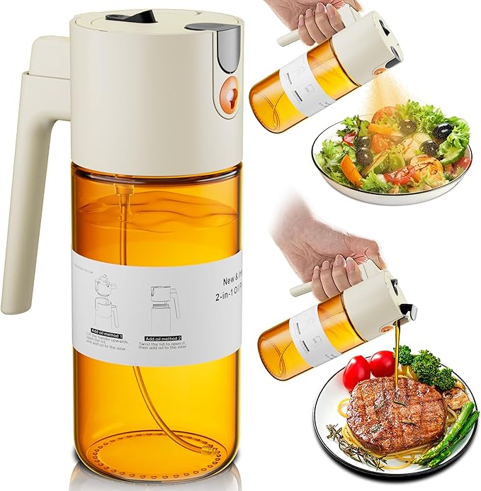 LAKUMIQI 2 in 1 Oil Sprayer for Cooking, 17oz Light-Blocking Glass Spray Bottle with Stickers, Oil Dispenser for Salad, Air Fryer & BBQ