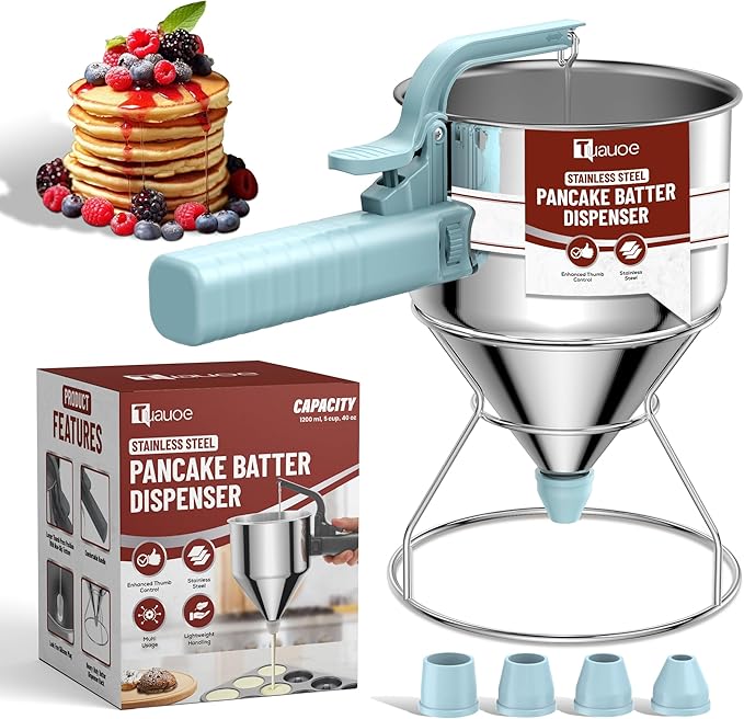 Stainless Steel Pancake Batter Dispenser, 40oz Batter Dispenser with Squeeze Handle, Great for Pancakes, Cupcake, Waffle or Any Baked Goods, Durable, Leak-Free, Sky Blue