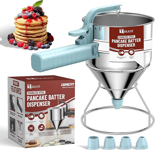 Stainless Steel Pancake Batter Dispenser, 40oz Batter Dispenser with Squeeze Handle, Great for Pancakes, Cupcake, Waffle or Any Baked Goods, Durable, Leak-Free, Sky Blue