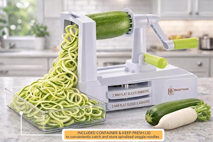 Brieftons 10-Blade Vegetable Spiralizer: Zucchini Spiral Slicer & Veggie Noodle Maker, Japanese Steel Blades, Catch Container, Strong Suction Cup, Blade Caddy, 4 eBooks | Low Carb, Vegan, Gluten-Free