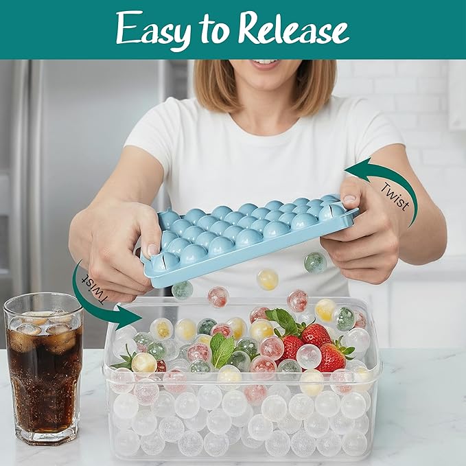 2 Pack Round Ice Cube Tray with Lid, Bin & Scoop - 0.8" 66PCS Tiny Sphere Ice Ball Maker Molds, Stackable Ice Trays for Freezer, BPA-Free Plastic Iced Bucket Kits for Cocktails/Whiskey/Coffee/Drinks