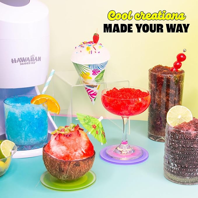 Hawaiian Shaved Ice Machine Kit - 3 Flavors, 25 Cups, Straws, Pourers, Ice Molds